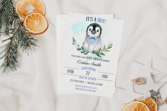 Winter Penguin Baby Shower Invitation - Premium  from Sugar and Spice Invitations - Just $1.95! Shop now at Sugar and Spice Paper