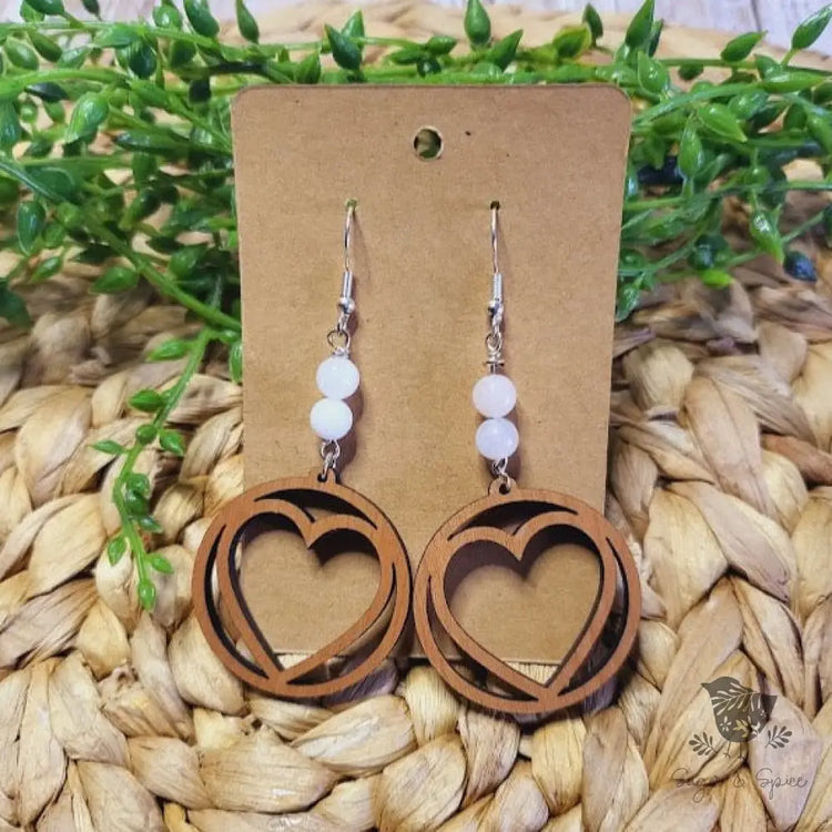 Wood Heart Earrings With A Pink Pearl Gemstones