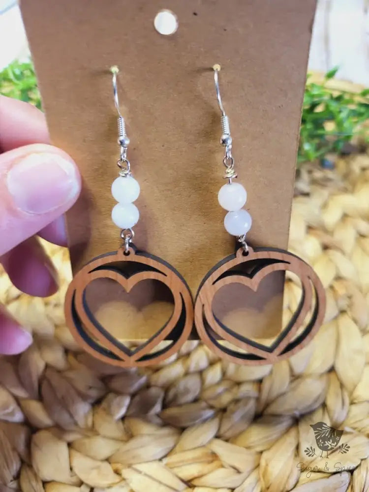 Wood Heart Earrings With A Pink Pearl Gemstones