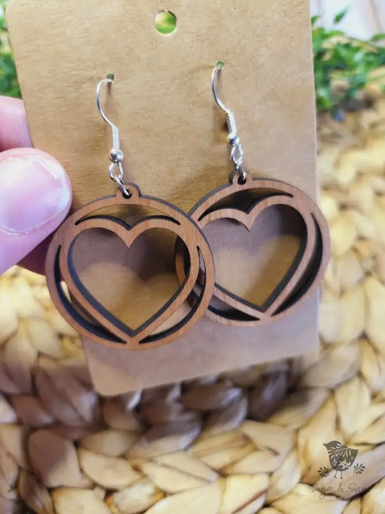 Wood Heart Valentines Day Earrings