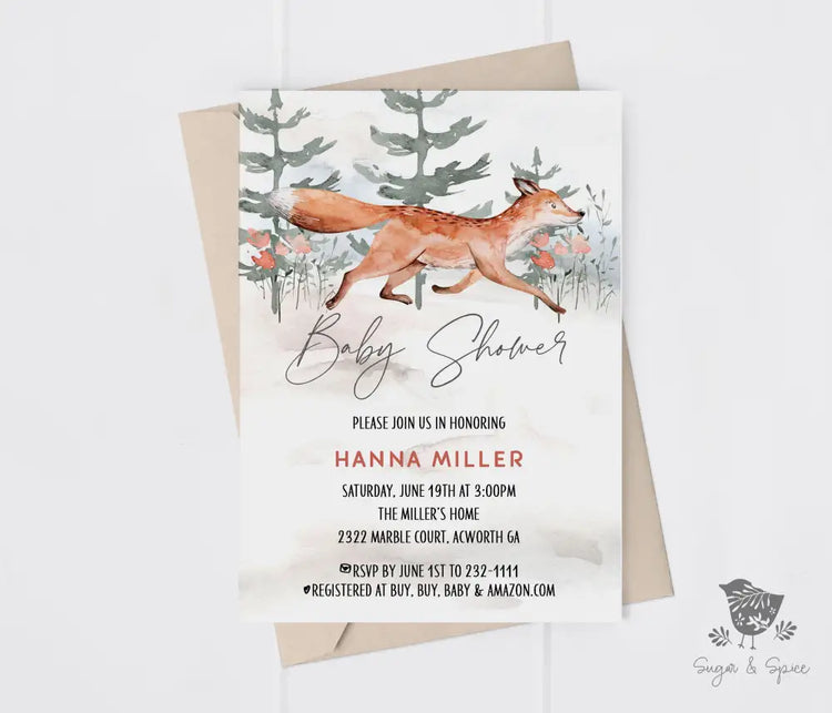 Woodland Fox Baby Shower Invitation - Premium  from Sugar and Spice Invitations - Just $1.95! Shop now at Sugar and Spice Paper
