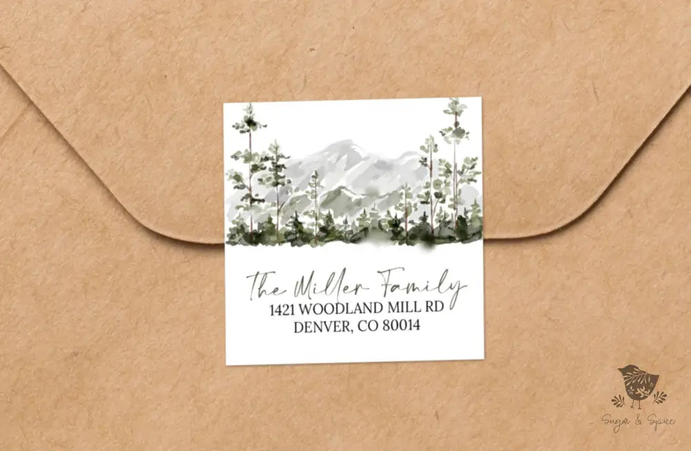 Woodland Mountains Square Return Address Sticker - Premium  from Sugar and Spice Invitations - Just $9.95! Shop now at Sugar and Spice Paper